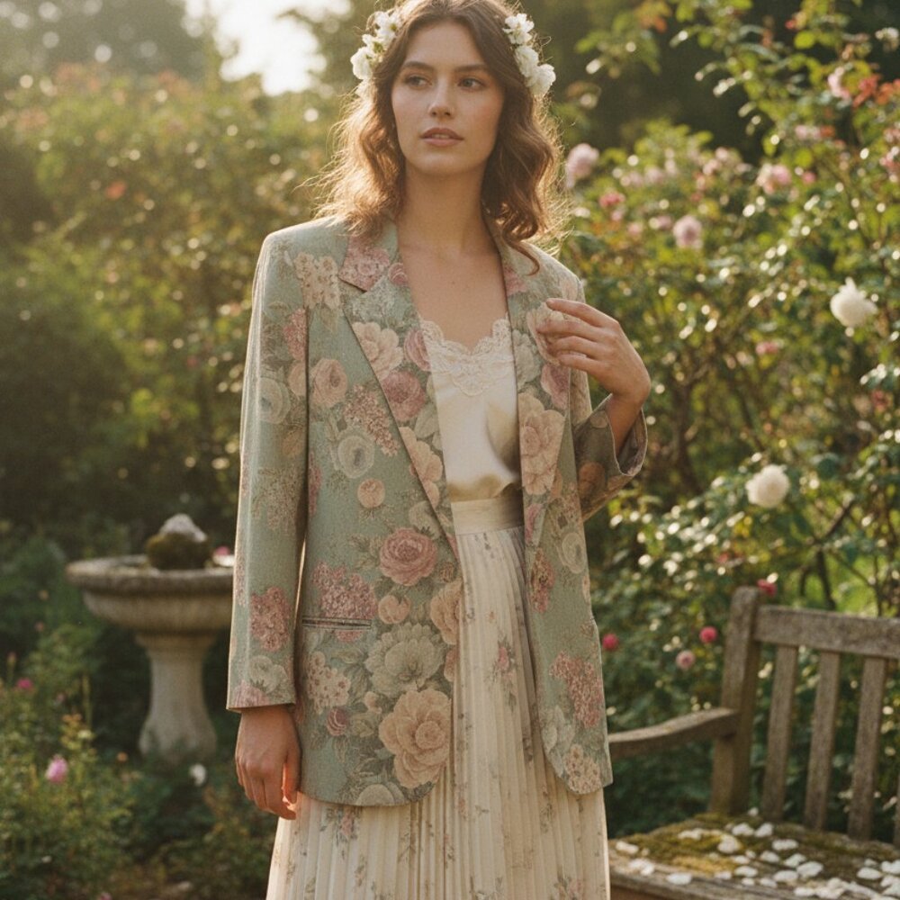 Vintage Toni Garment Blazer Floral Romantic Boho Cottage Green Peach M